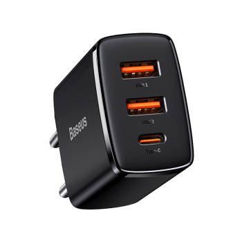 Ładowarka sieciowa Baseus Compact Quick Charger, 2xUSB-A, USB-C, PD, 3A, 30W, Czarny kolor - Szybkie i bezpieczne ładowanie