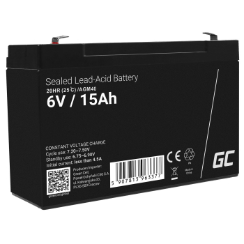 Akumulator bezobsługowy AGM VRLA Green Cell 6V 15Ah do systemów alarmowych i zabawek