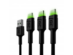 Zestaw 3x Kabel Green Cell GC Ray USB-C 200cm z zielonym podświetleniem LED, szybkie ładowanie Ultra Charge, QC 3.0