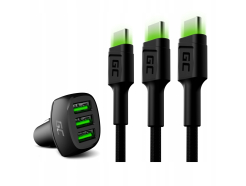 Zestaw podróżny do ładowania - Green Cell Ładowarka Samochodowa 3x USB-A + 3x Kabel USB-A do USB-C 1.2m z podświetleniem LED