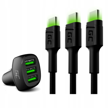 Zestaw podróżny Green Cell Ładowarka Samochodowa 3x USB-A + Kabel USB-A - Lightning 1,2m