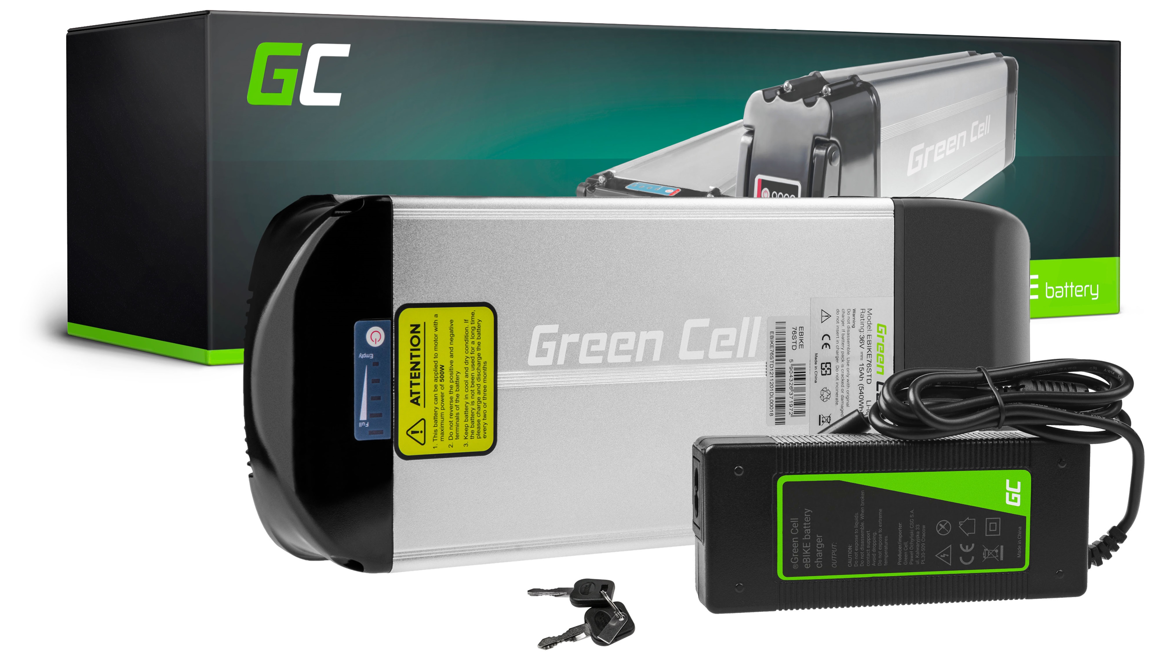 Green Cell E-Bike Akku 36V 15Ah 540Wh Rear Rack Elektrofahrrad 2 Pin für  Prophete, Mifa, Curtis mit Ladegerät - Green Cell